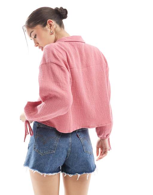 ASOS DESIGN cropped textured cotton shirt in pink