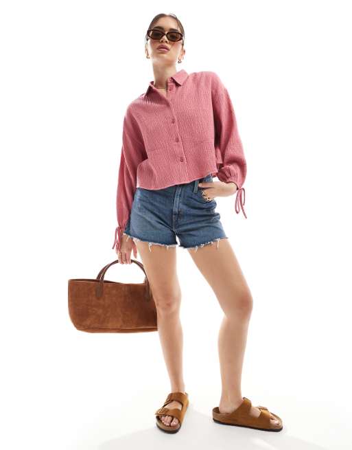ASOS DESIGN cropped textured cotton shirt in pink