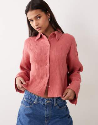 Asos Design Cropped Textured Cotton Shirt In Purple
