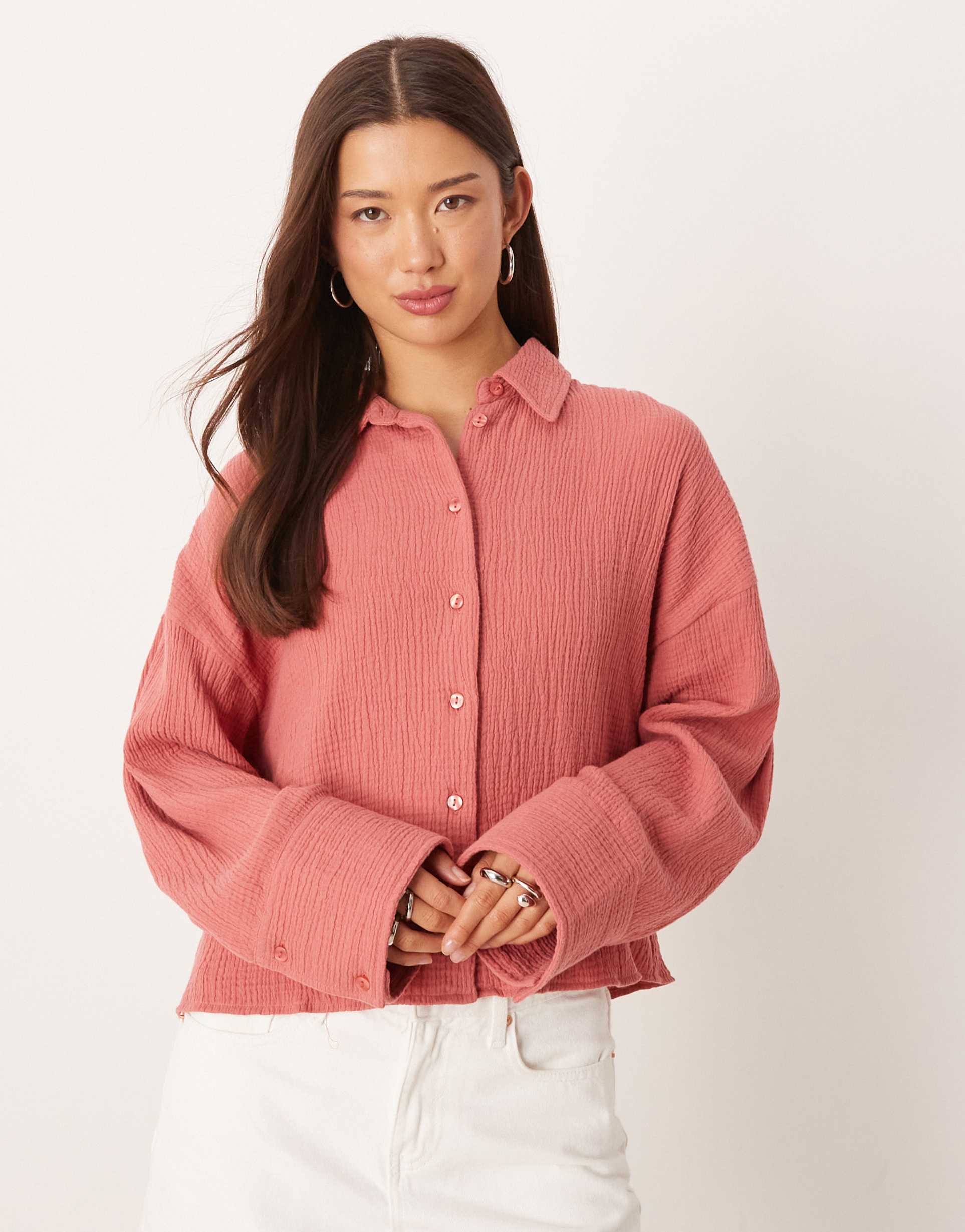 asos design cropped textured cotton shirt in pink