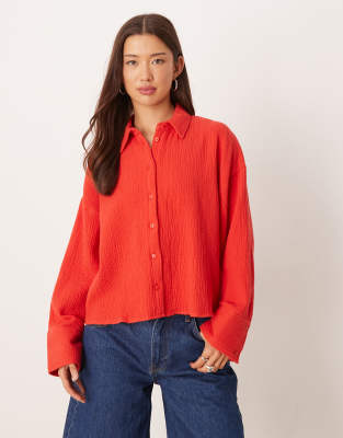 Asos Design Cropped Textured Cotton Shirt In Red