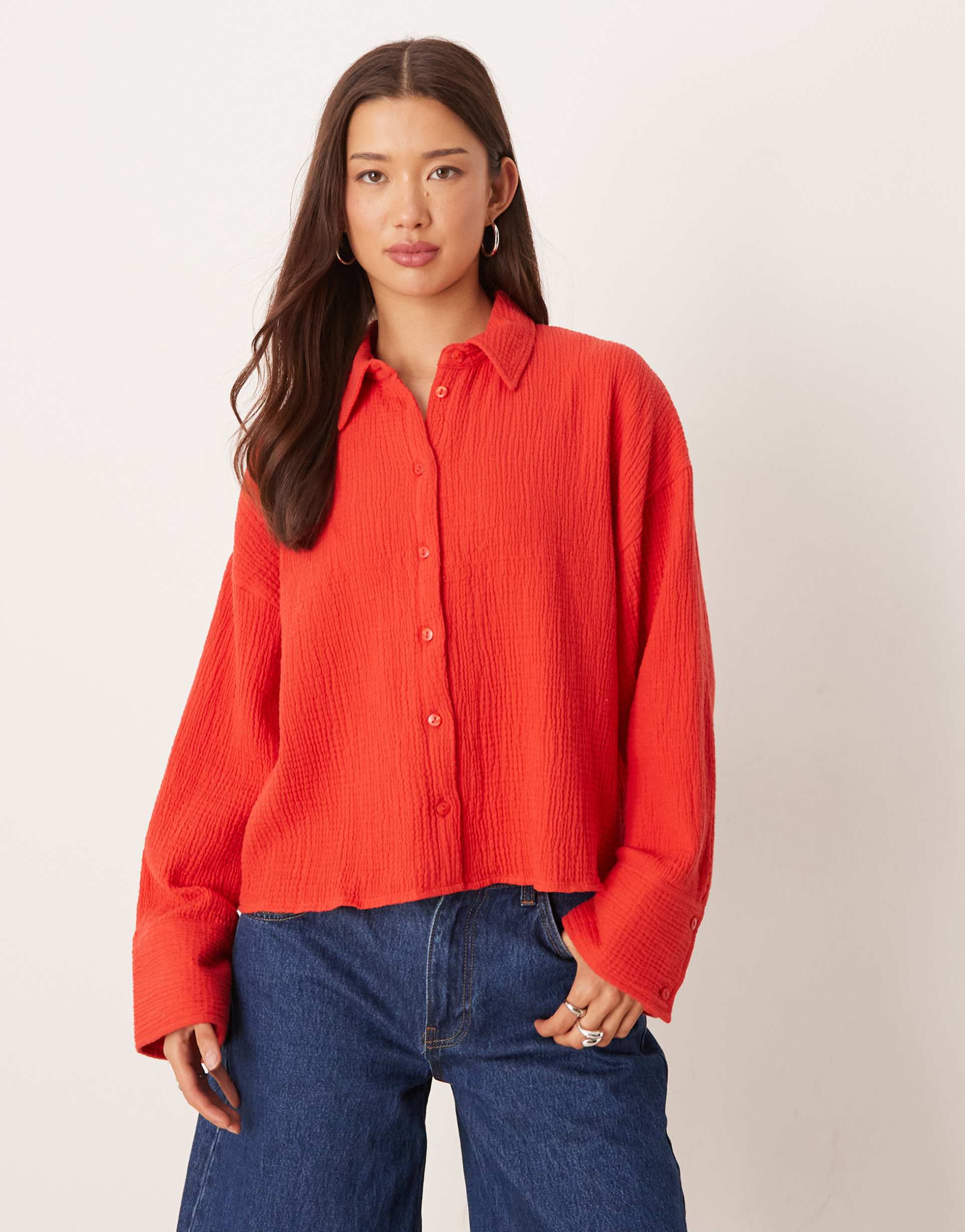 asos design cropped textured cotton shirt in red