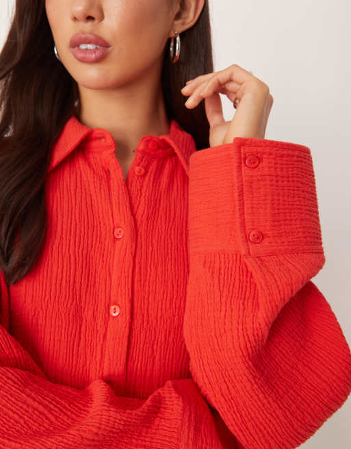ASOS DESIGN cropped textured cotton shirt in red, 2 of 4