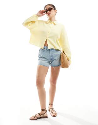 Asos Design Cropped Textured Cotton Shirt In Yellow