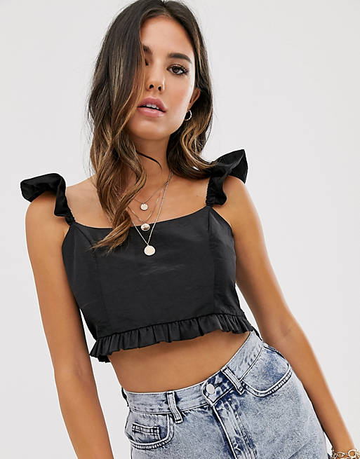 ASOS DESIGN cropped top with frill shoulder