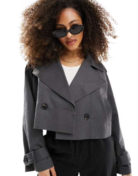 ASOS DESIGN cropped trench coat in charcoal - view 1