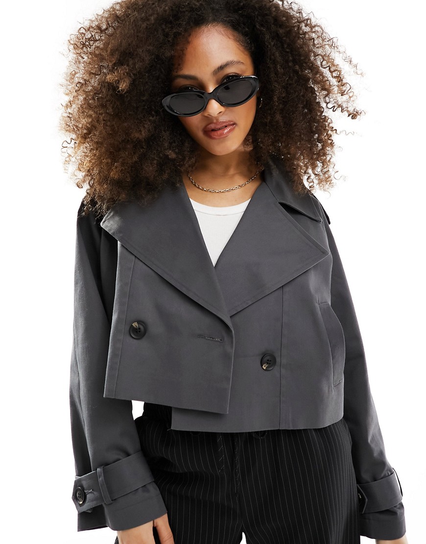 Asos Design Cropped Trench Coat In Charcoal-gray