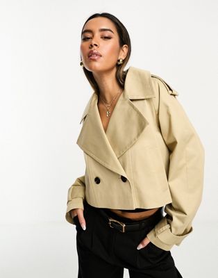 Shop Asos Design Cropped Trench Coat In Stone-neutral
