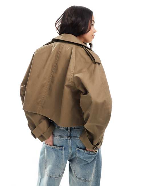 ASOS DESIGN - Cropped trenchcoat in olijfgroen, 3 van 4
