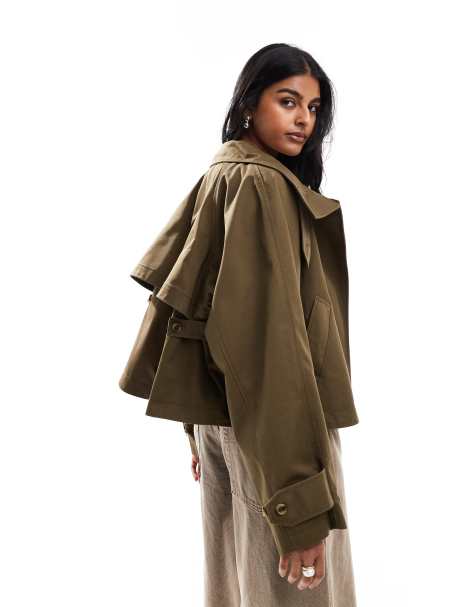 ASOS DESIGN - Cropped trenchcoat met cape in kaki - view 1