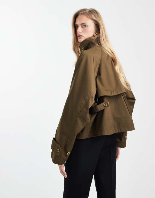 ASOS DESIGN - Cropped trenchcoat met cape in kaki, 4 van 4