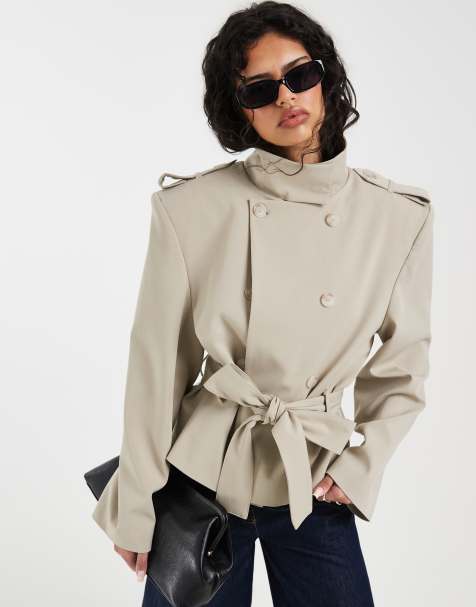 ASOS DESIGN - Cropped trenchcoat met extreme schouders in stone - view 1