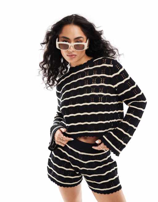 ASOS DESIGN - Cropped trøje med rund hals og cremehvide syninger i sort strik