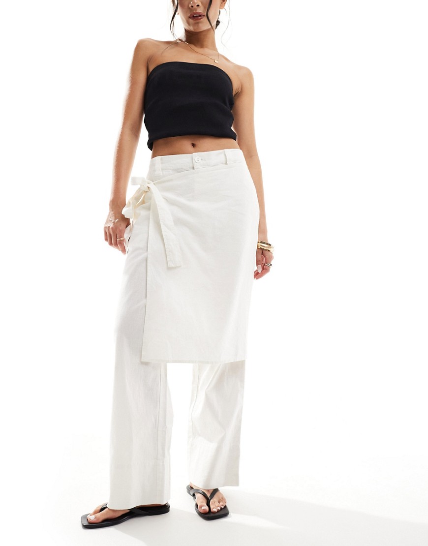 ASOS DESIGN cropped trouser with wrap detail wth linen in white