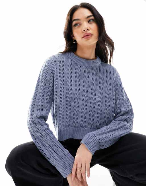 ASOS DESIGN - Cropped trui met ronde hals en open steken in blauw