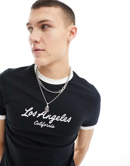 ASOS DESIGN - Cropped tætsiddende ringer-T-shirt i sort med byprint foran