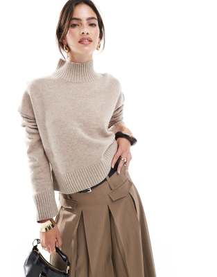 Asos Design Cropped Turtleneck Sweater In Lambswool Blend In Taupe-neutral