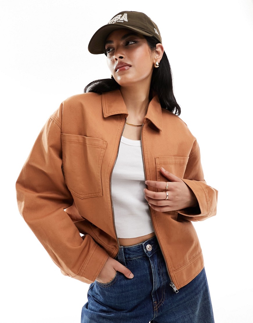 Asos Design Cropped Twill Jacket In Terracotta-white
