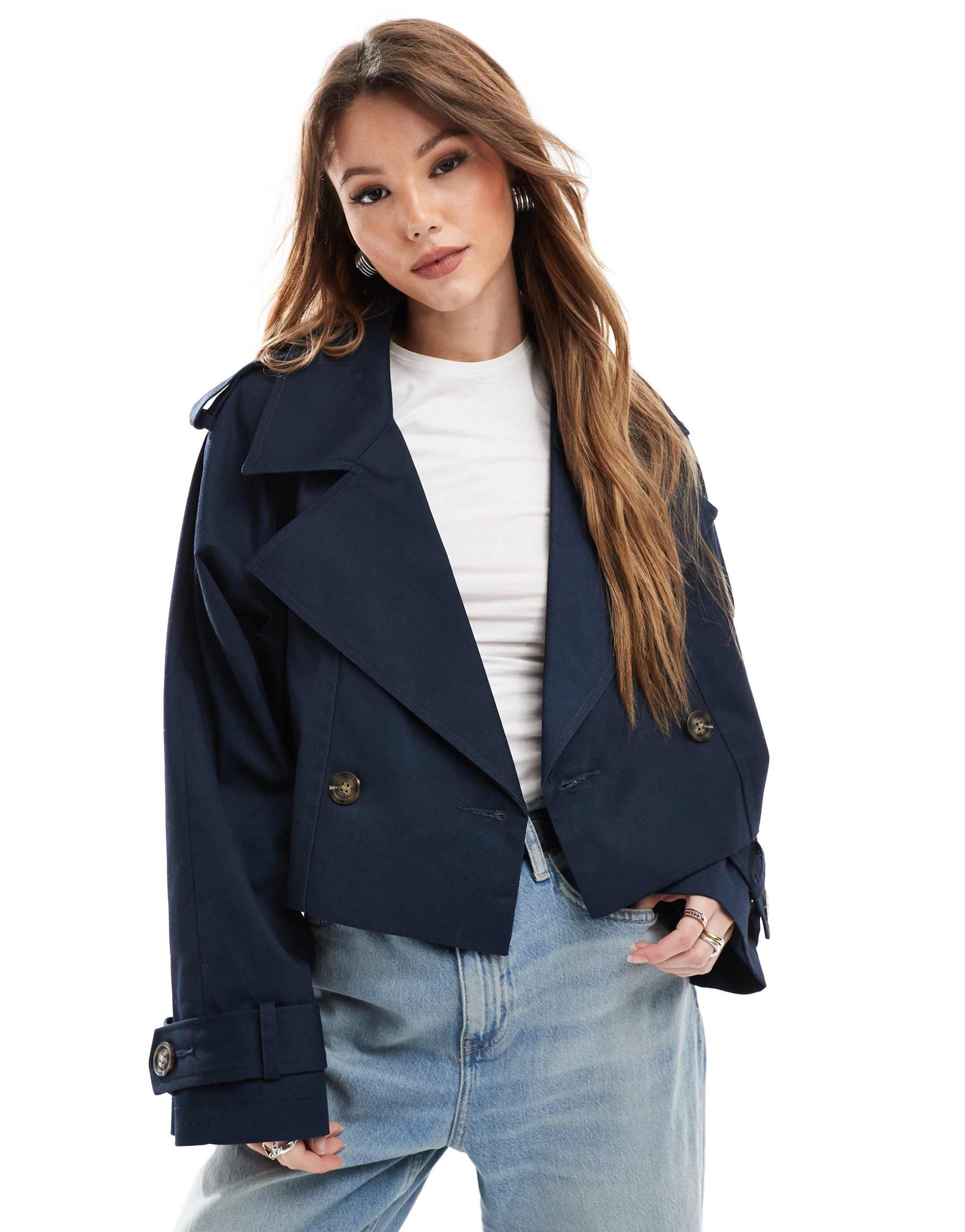 asos design cropped twill trench coat in navy