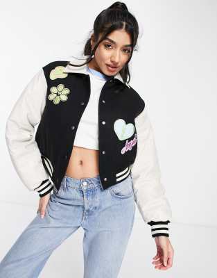 ASOS DESIGN cropped varsity bomber jacket in black-Blue