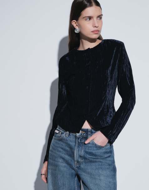 ASOS DESIGN cropped velvet trophy jacket in navy - view 1
