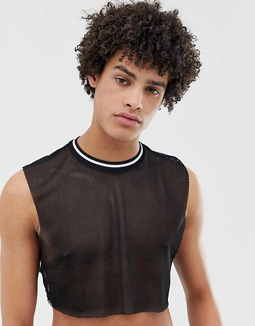 ASOS DESIGN cropped vest in black mesh with contrast tipping