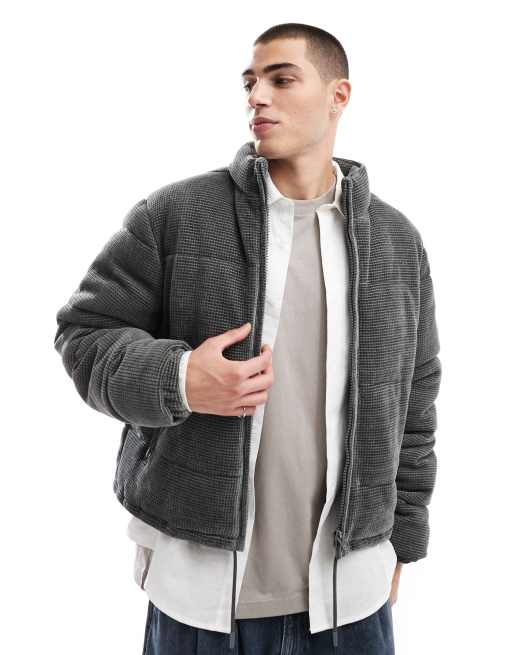 ASOS DESIGN cropped waffle cord puffer jacket in gray ASOS