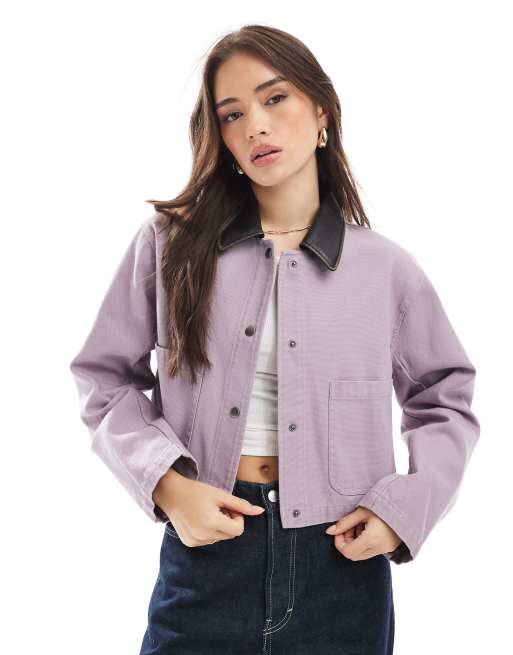 ASOS DESIGN cropped washed barn jacket with leather look collar in gray lilac