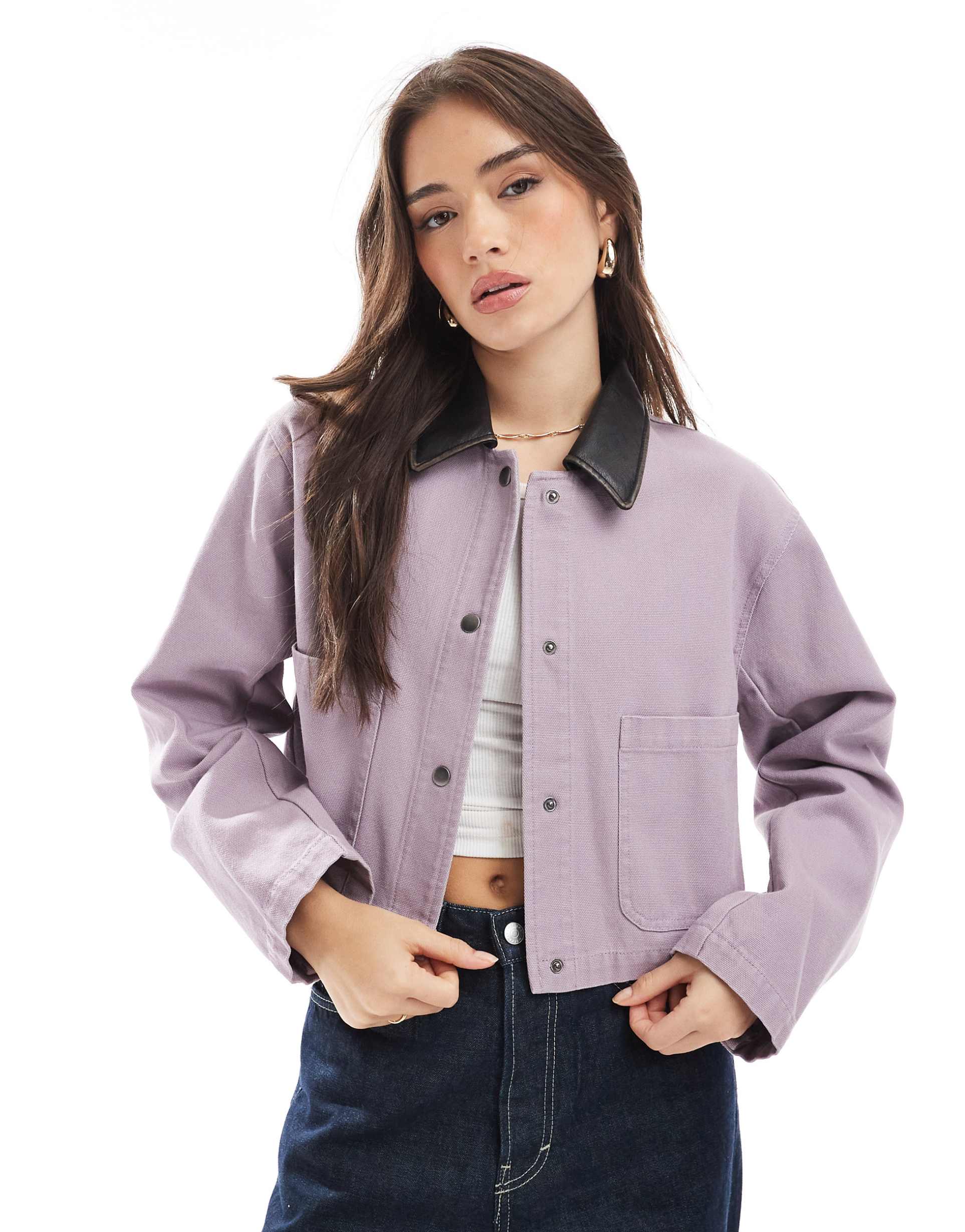 asos design cropped washed barn jacket with leather look collar in gray lilac