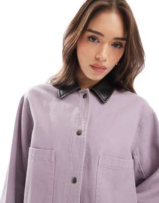 ASOS DESIGN CROPPED WASHED BARN JACKET WITH LEATHER LOOK COLLAR 