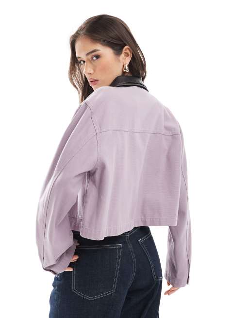 ASOS DESIGN cropped washed barn jacket with leather look collar in gray lilac