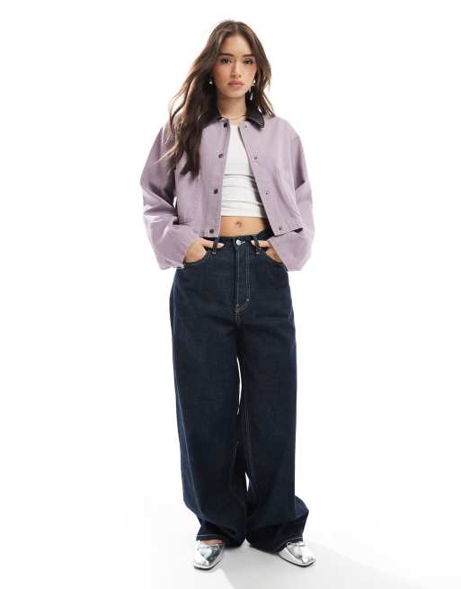 ASOS DESIGN cropped washed barn jacket with leather look collar in grey lilac, 3 of 4
