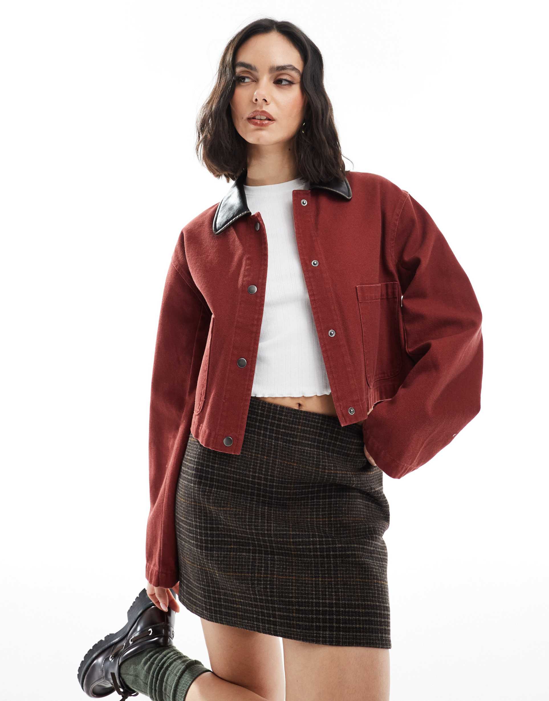 asos design cropped washed barn jacket with leather look collar in red