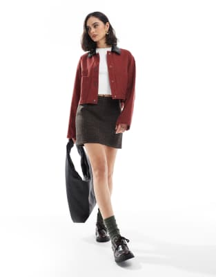 ASOS DESIGN CROPPED WASHED BARN JACKET WITH LEATHER LOOK COLLAR 