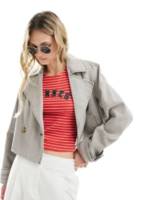 ASOS DESIGN cropped washed trench coat in stone