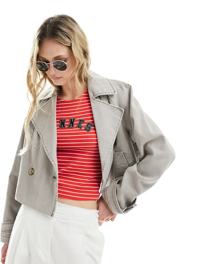 ASOS DESIGN cropped washed trench coat in stone-Neutral