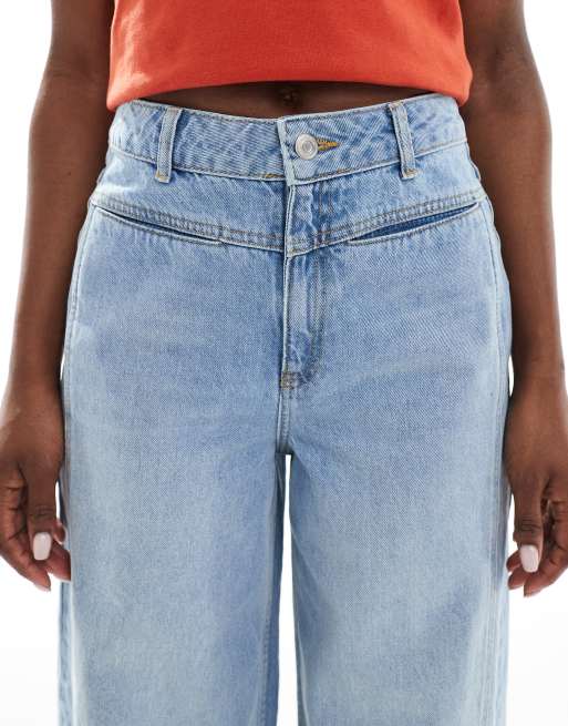 ASOS DESIGN cropped wide leg jean with front pocket detail in mid blue, 5 of 5
