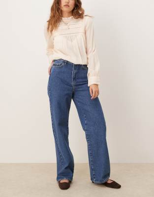 Asos Design Cropped Wide Leg Jeans In Mid Blue
