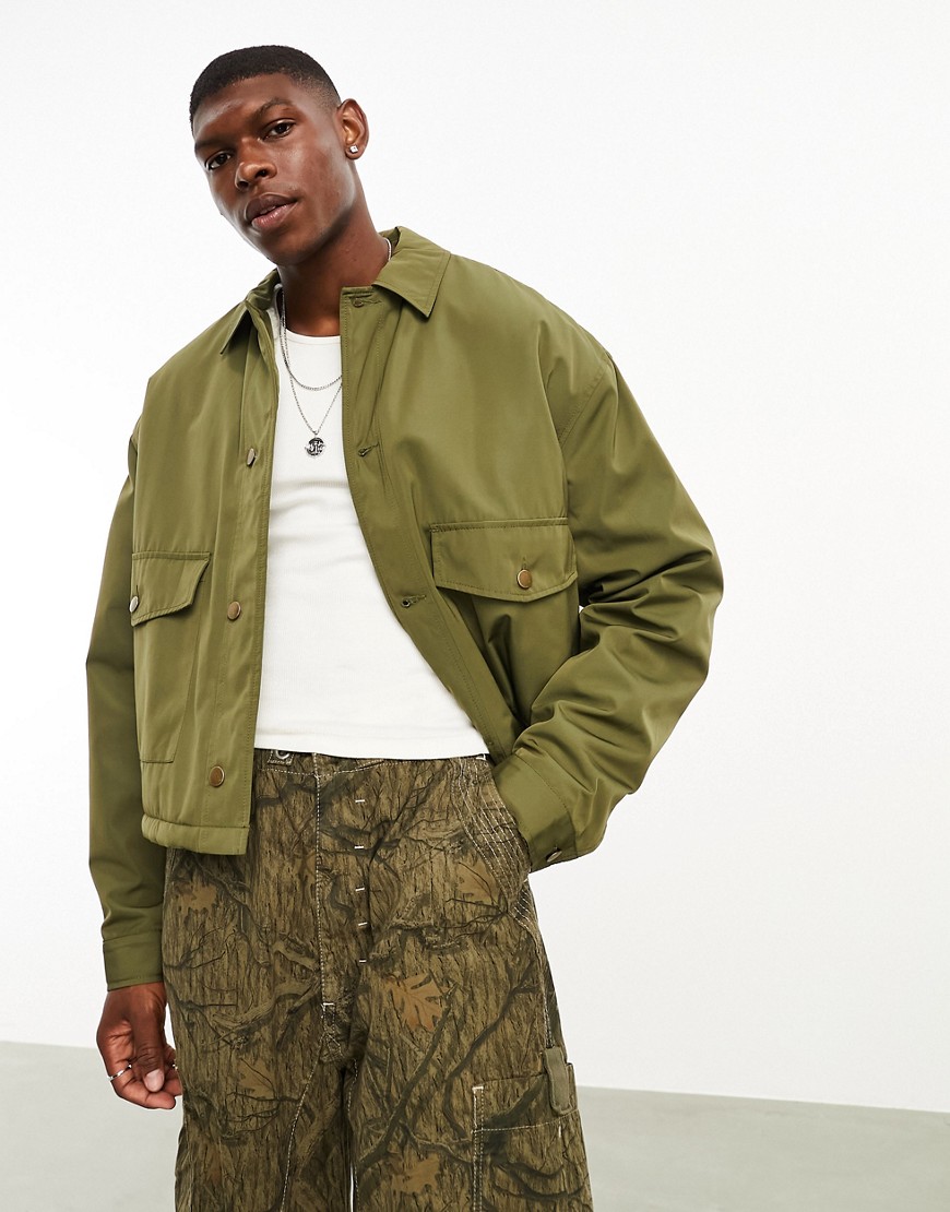 ASOS DESIGN cropped worker jacket with borg lining in green