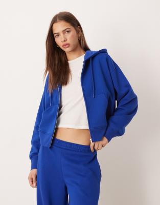 Asos Design Cropped Zip Through Brushback Hoodie In Blue