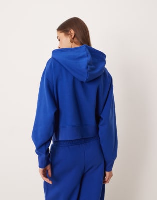 Asos Design Cropped Zip Through Brushback Hoodie In Blue