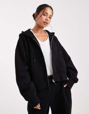 Asos Design Cropped Zip Up Brushback Hoodie In Black