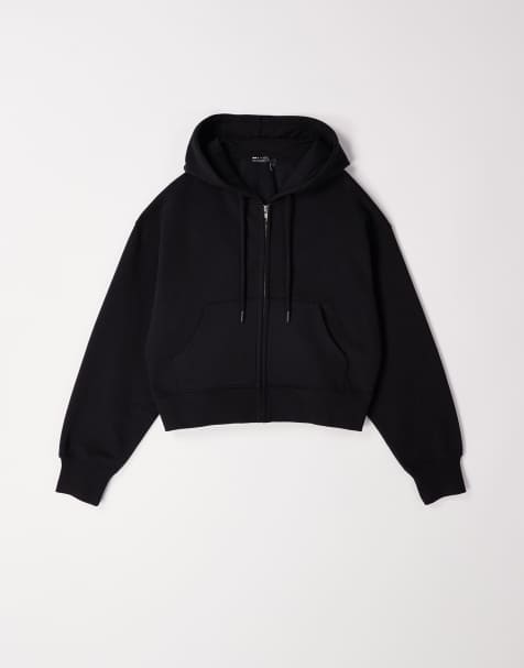 ASOS DESIGN cropped zip up brushback hoodie in black - view 1