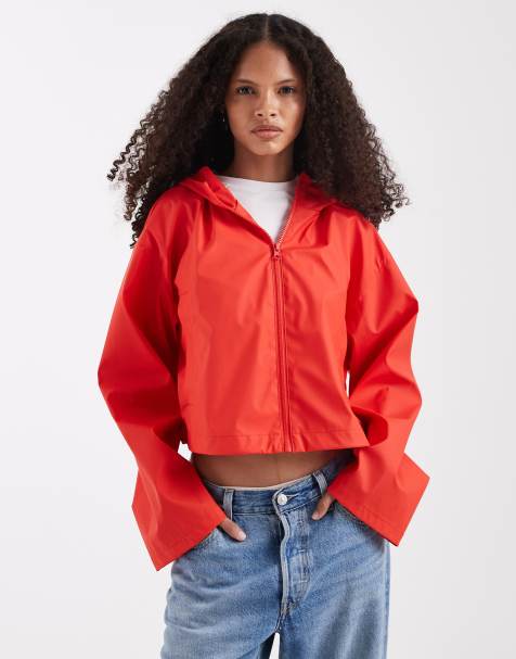 ASOS DESIGN croppped rubberised rain jacket with hood in bright red - view 1