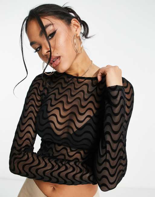 ASOS DESIGN - Croptop i sort mesh med lange ærmer og bølgende velourmønster
