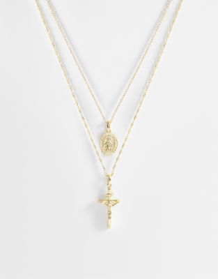 Asos Design Cross And St Chris Coin Double Pendant Necklace In Gold