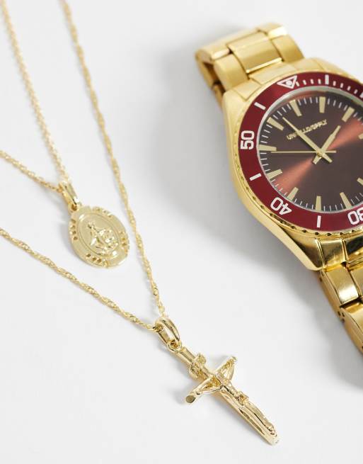 ASOS DESIGN cross and St Chris coin double pendant necklace in gold, 2 of 4