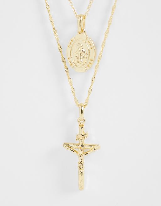 ASOS DESIGN cross and St Chris coin double pendant necklace in gold, 4 of 4