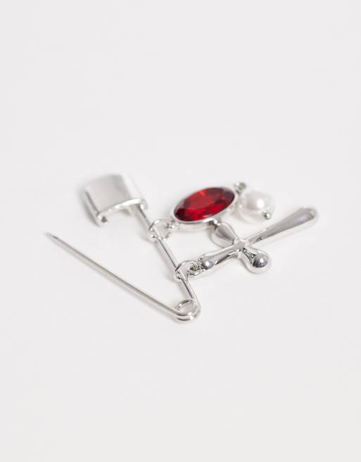 ASOS DESIGN cross and stone safety pin brooch in silver tone, 3 of 3