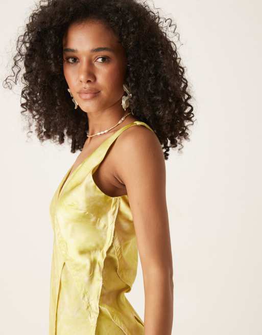 ASOS DESIGN cross back satin midi dress in lemon blurred print